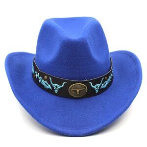 Blue Western Cowboy Hat Bull & Turquoise Band Adjustable Felt Wide Brim Cowgirl